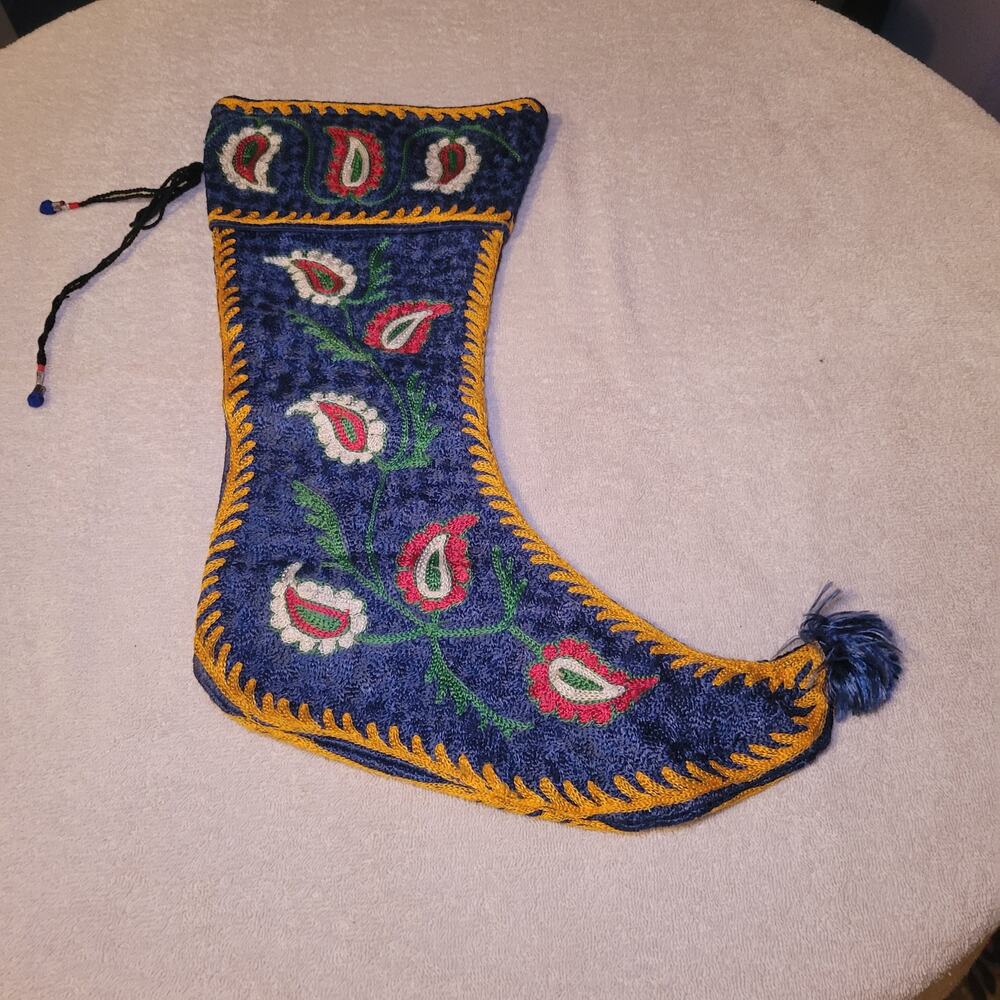 Vintage Hand Embroidered Double Sided Blue Christmas Stocking Holiday Decor
